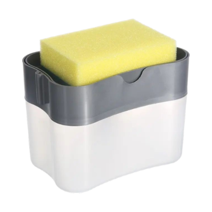 Dispenser di detersivo per piatti con porta spugna integrato e conservazione igienica accanto al lavello della cucina