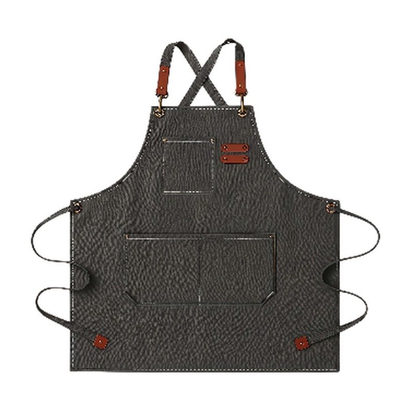 Grembiule in tela in grigio, blu, marrone, verde e nero con spalline regolabili e tasche frontali