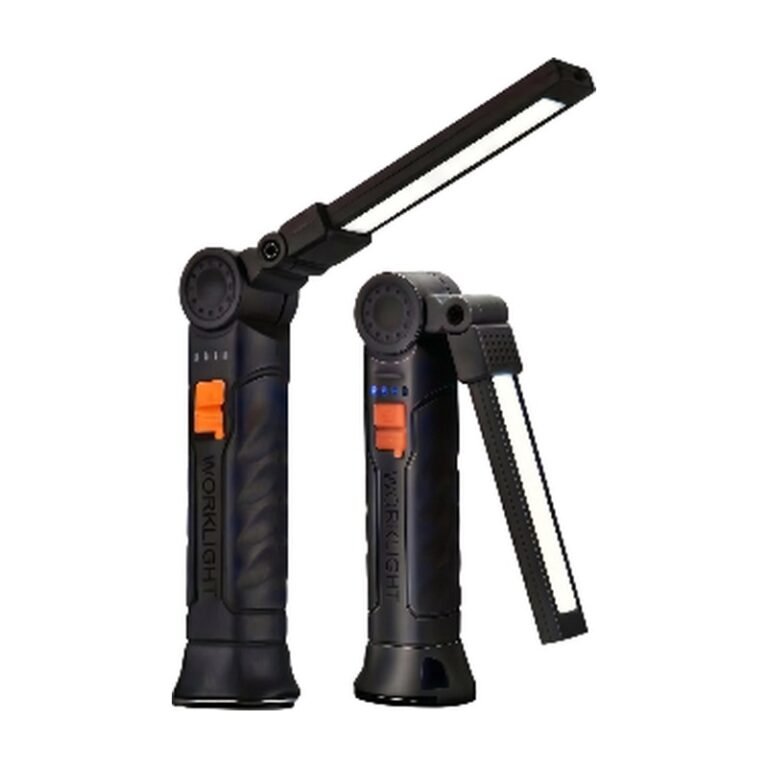 Torcia LED ricaricabile con braccio pieghevole, base magnetica e gancio per illuminare a mani libere