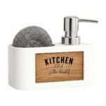Porta spugna con dispenser di sapone bianco e nero per una sistemazione ordinata e un lavaggio pulito al lavello della cucina