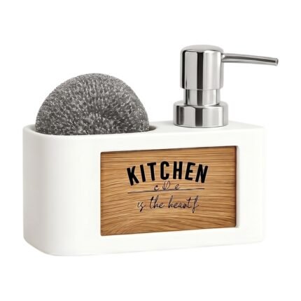 Porta spugna con dispenser di sapone bianco e nero per una sistemazione ordinata e un lavaggio pulito al lavello della cucina