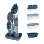 Spazzola per piatti in silicone con dispenser di sapone, supporto e testine di pulizia sostituibili per la cucina