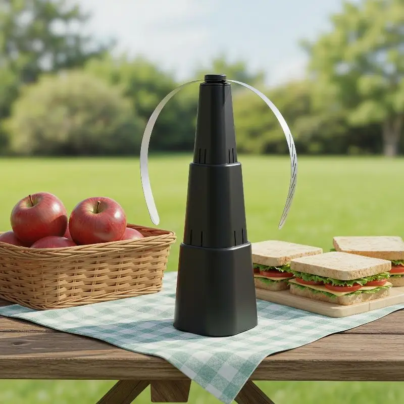 Ventilatore scaccia mosche nero su un tavolo da picnic accanto a panini e mele