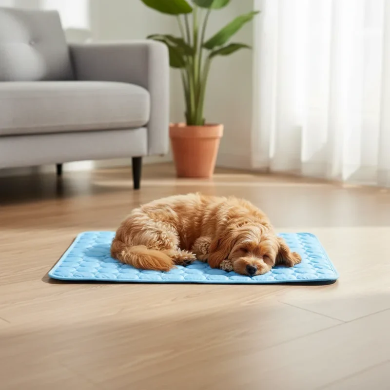 Cane che dorme su un tappetino rinfrescante su un pavimento in legno in un soggiorno luminoso
