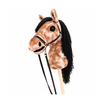 Cavallo con bastone roano marrone con criniera nera e cavezza nera con redini