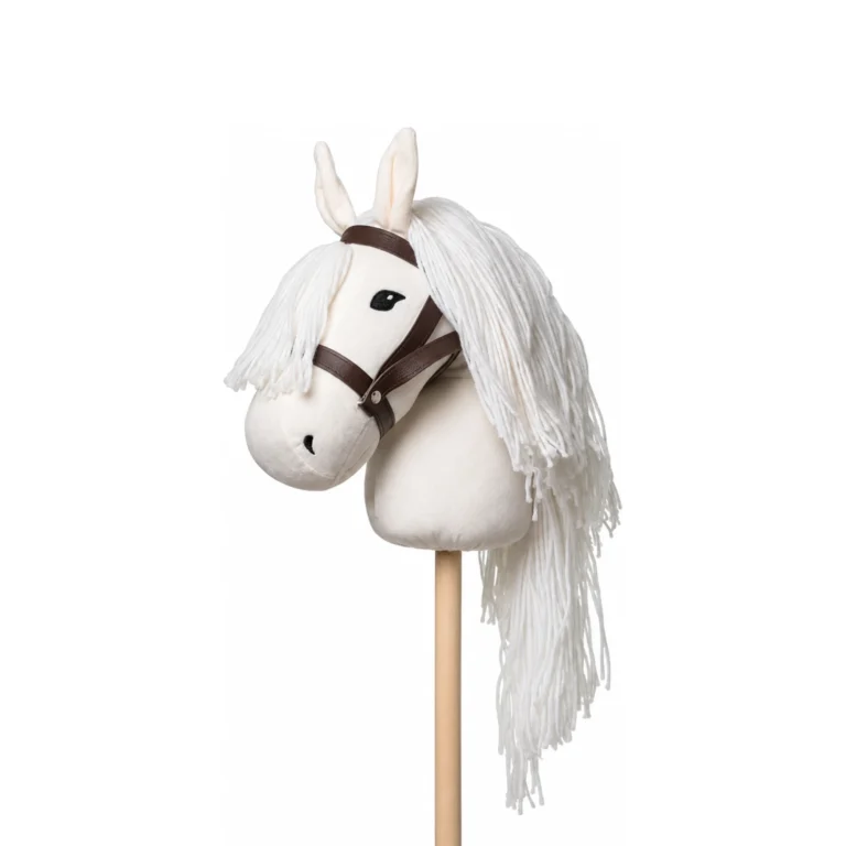 Cavallo con bastone bianco By Frida con lunga criniera bianca e cavezza marrone su un bastone di legno