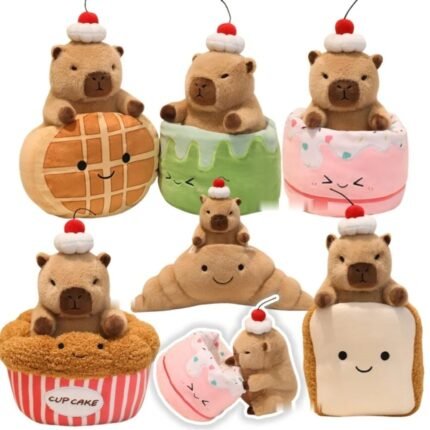 Peluche capibara nascosto in torta, croissant, toast e panino all'ananas – 6 stili