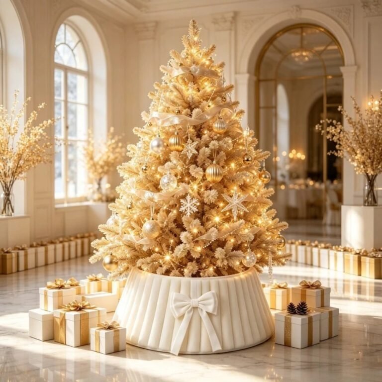 Copribase bianco sotto un albero di Natale decorato