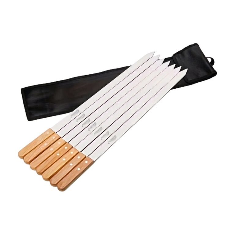 Spiedi per barbecue 6 pezzi in acciaio inox piatti con manico in legno e sacchetto portaoggetti per kebab e grigliate