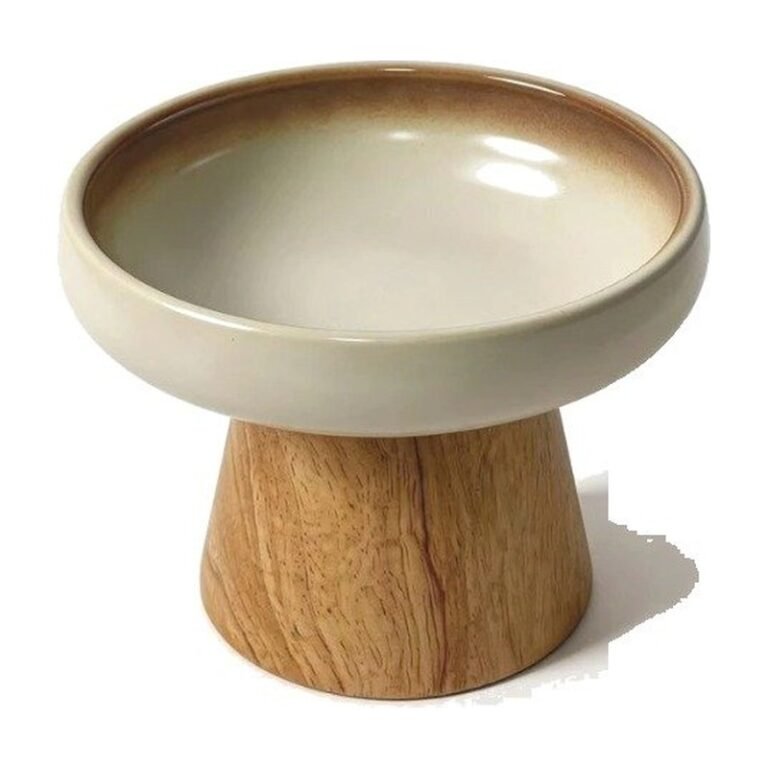 Ciotola in ceramica per gatti su supporto in legno