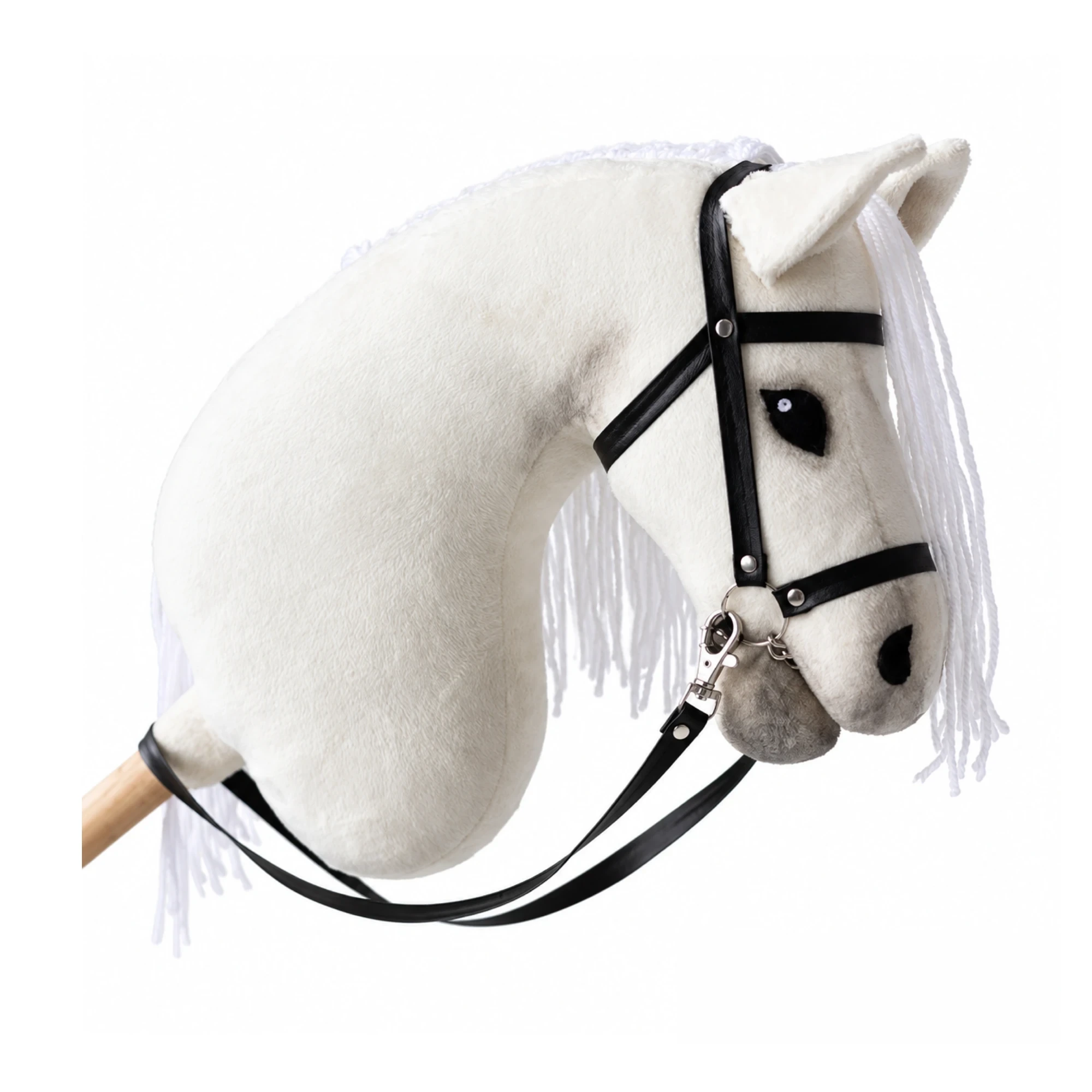 Cavallo con bastone bianco con muso grigio, criniera bianca e briglia nera con redini Cavallo con bastone bianco con muso grigio, criniera bianca e briglia nera con redini