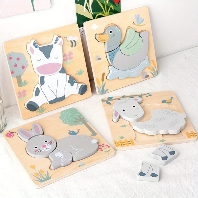 Puzzle in legno con coniglio, anatra, pecora e mucca